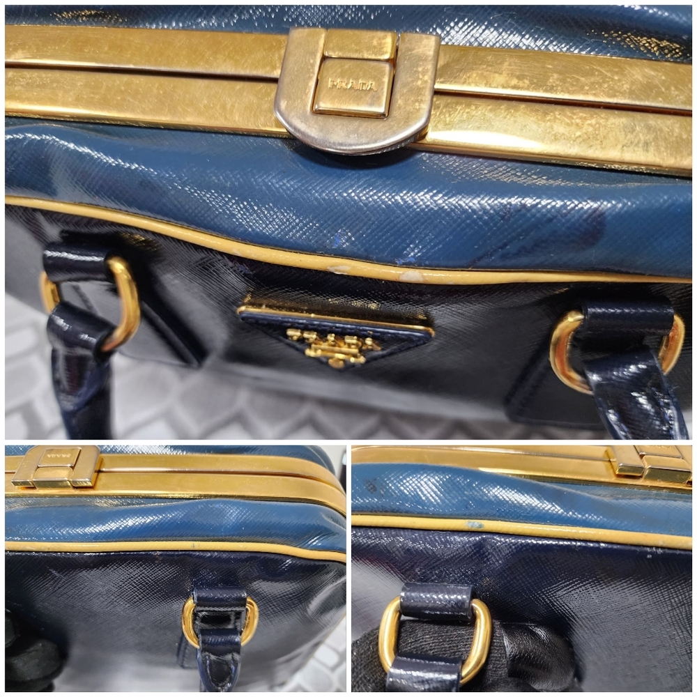 Prada Saffiano Vernice Pyramid Bag Navy Blue - Picture 12 of 15